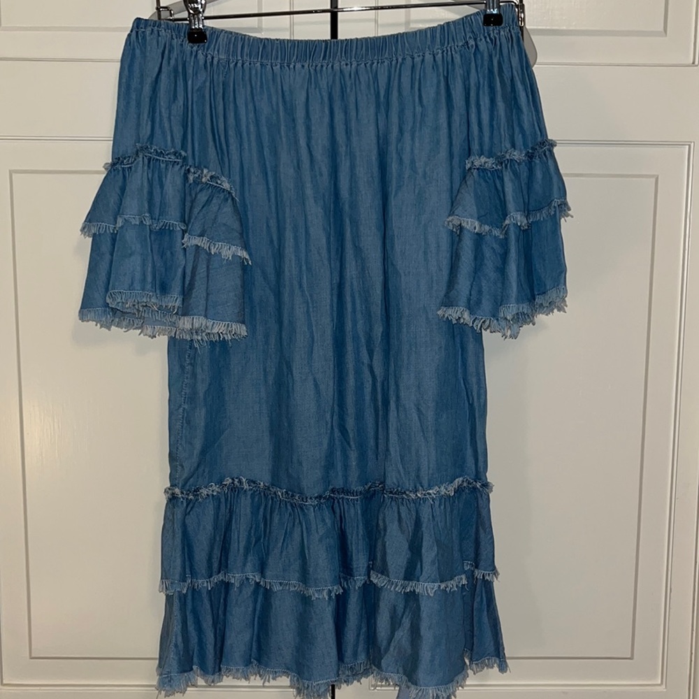 Denim off the shoulder mini dress